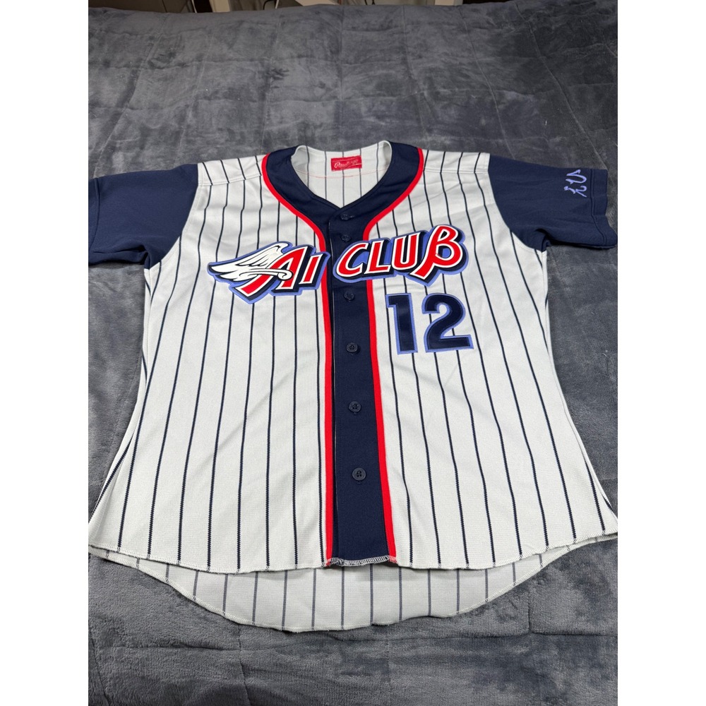 Rawlings AI CLUB #12 Baseball Jersey Mens Medium White Pinstripe Navy Made Japan